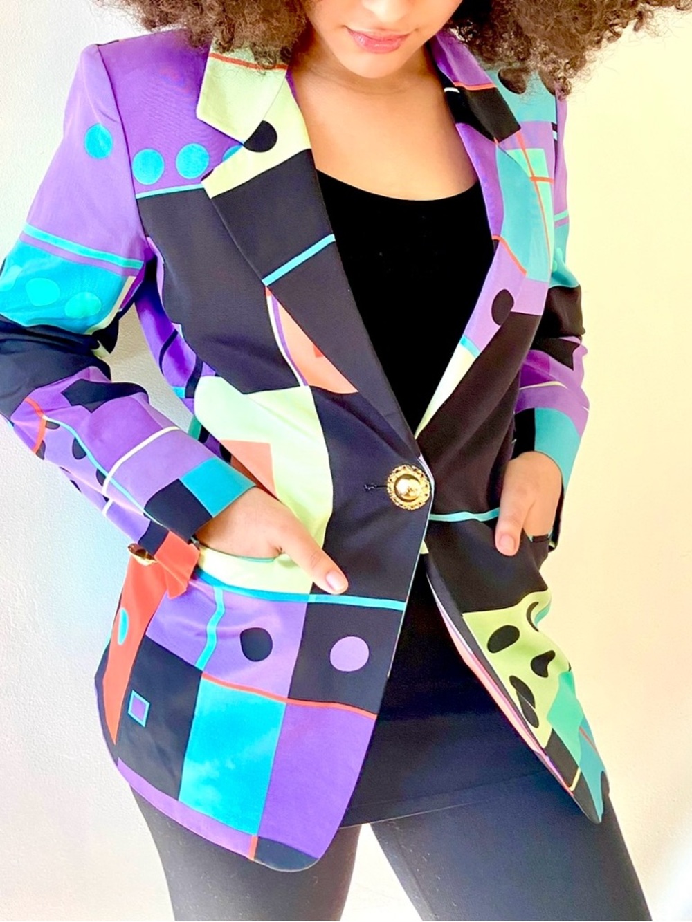 Max Mara Made in Italy Geometric Print Blazer Size 8 Purple Teal Vintage Style